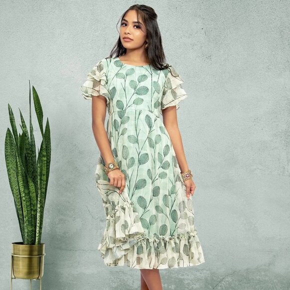 Green and White Printed Dress | Harmony Hues | Muvvas Boutique - Picture 8 of 10